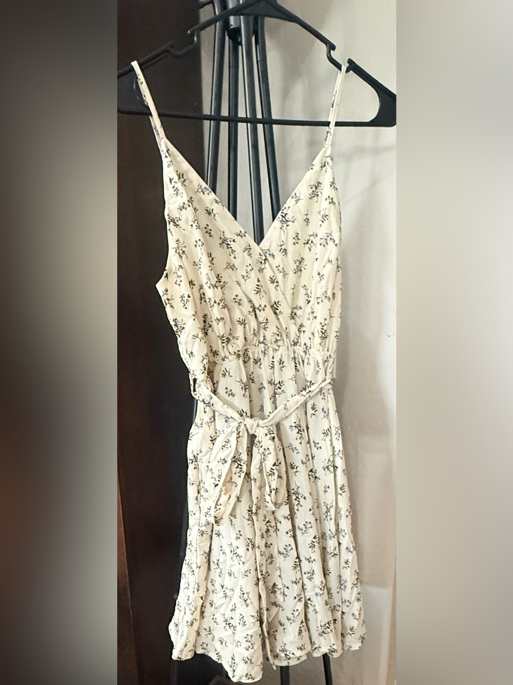 Cream Floral Wrap Mini Dress with Tie Waist